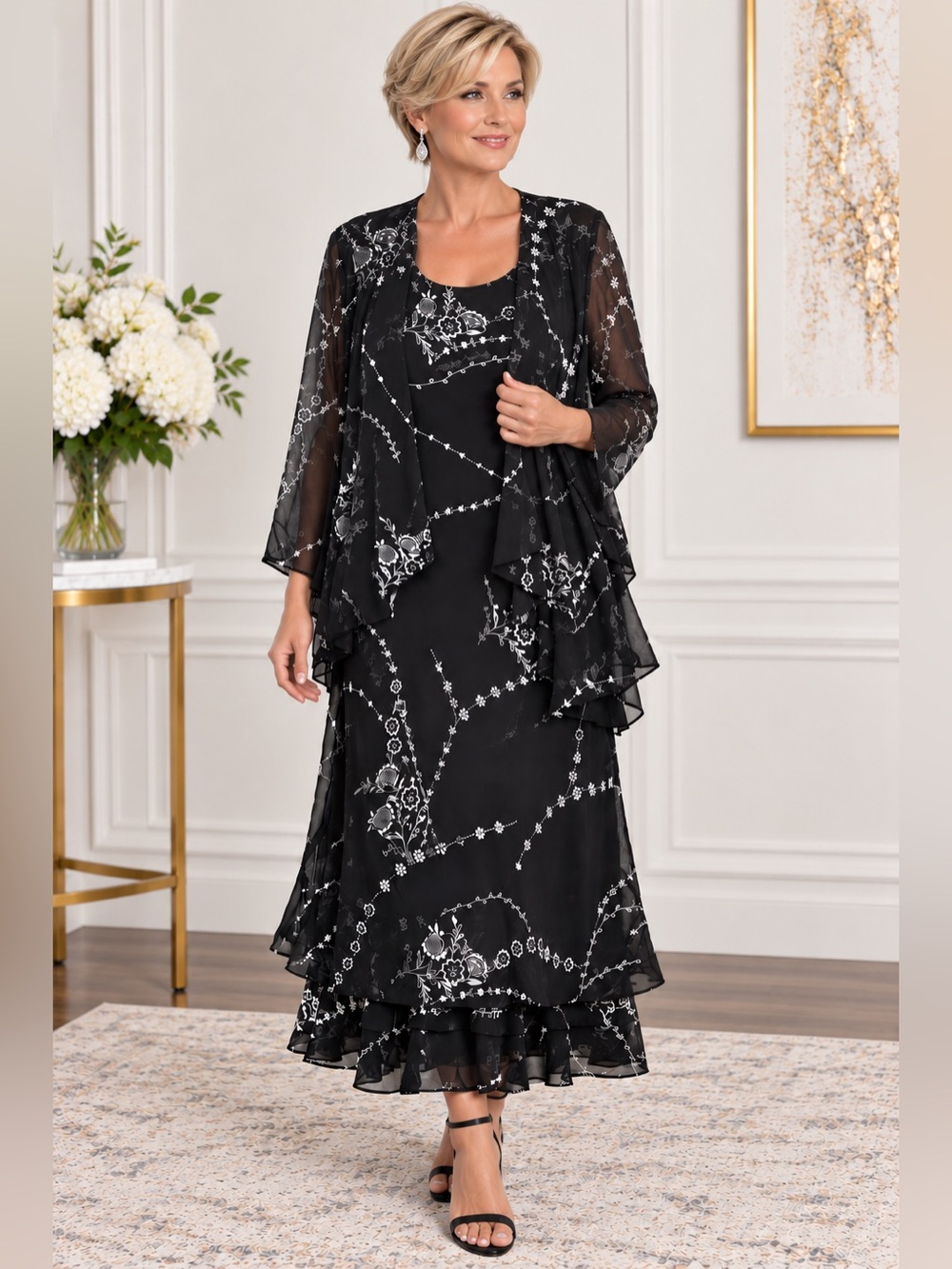 Bella Blue Dress With Jacket Size 12 Black & White Floral Chiffon 2 Piece Set